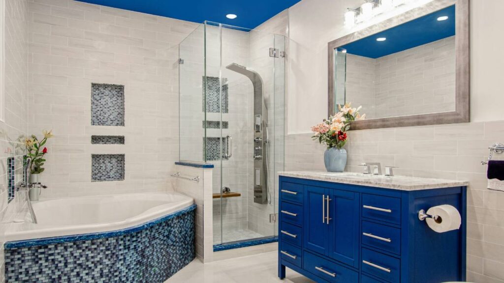 Modern bathroom featuring blue design