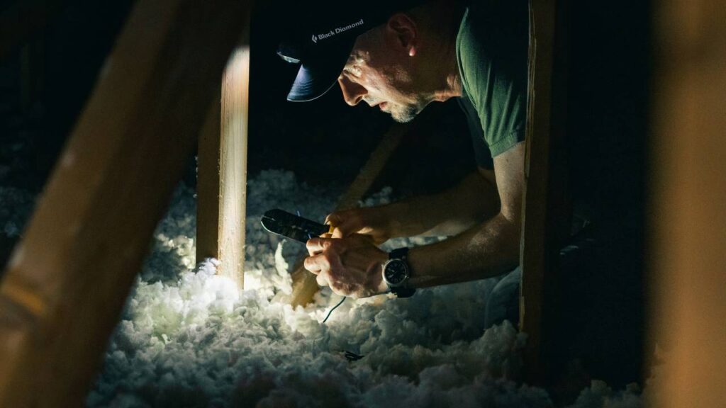 A man wearing a baseball cap installing insulation in the basement