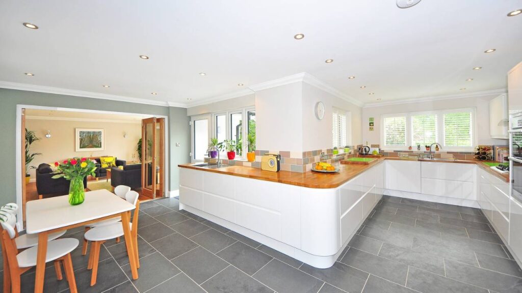 A contemporary kitchen with white design elements