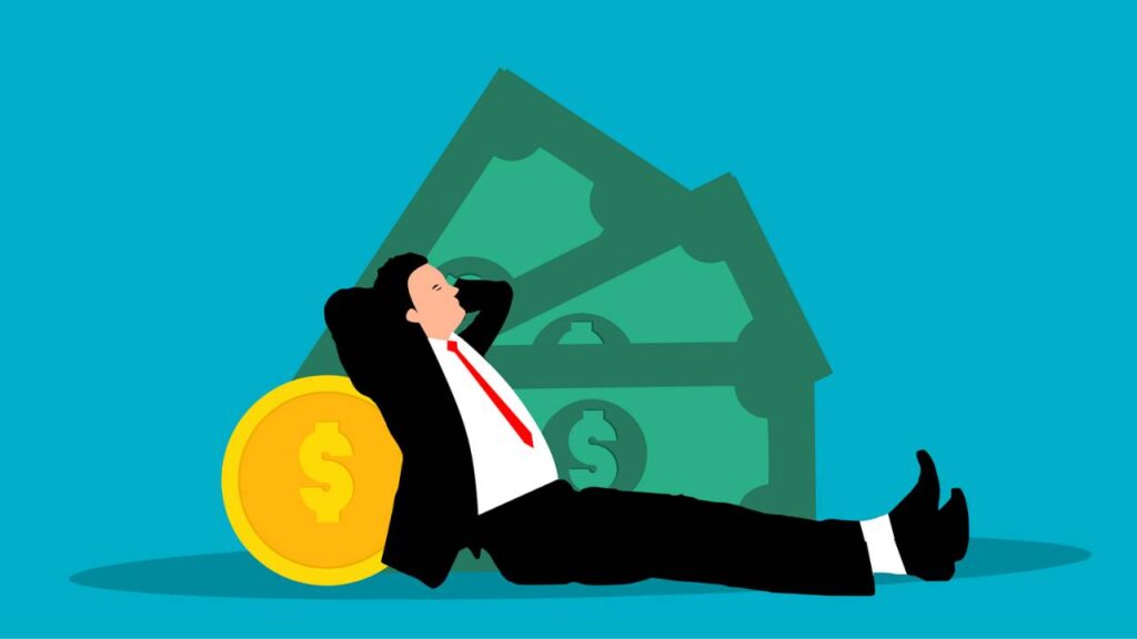 An abstract illustration depicting a businessman resting on banknotes and coins